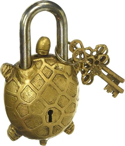 PARIJAT HANDICRAFT Functional Brass Beautiful Padlocks with Two Keys Garden Lock Functional Brass Turtle Padlock 5.5" with Two Keys in Kuwait