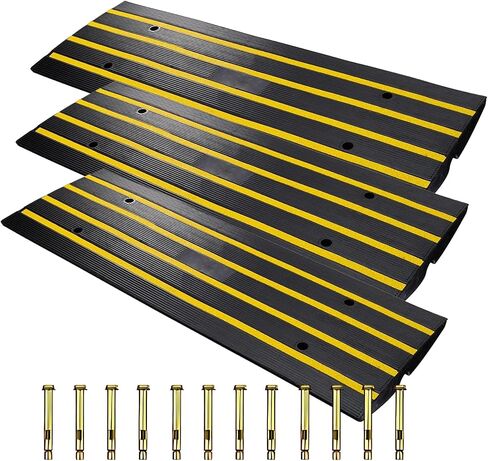 48" Heavy Duty Rubber Curb Ramps (3 Pack) – Low Profile Driveway Ramp with Water Drainage Channel for Cars, SUVs, Trucks – Garage, Sidewalk & Driveway Transition Solution – Black in Kuwait