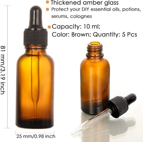 AKOAK Amber Glass Dropper Bottle, 10ml Leak Proof Travel Eye Dropper Bottle, Refillable Glass Eye Dropper Bottles for Essential Oil, Liquids, Perfume, Pack of 5 in Kuwait