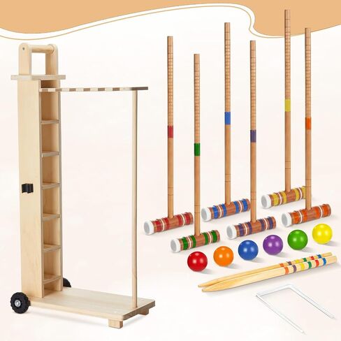 6 Player Croquet Set for Adults with Wooden Stand, Wooden Rubber Mallets, Upgraded Resin Colored Balls and Steel Wicket for Family & Friends, Great for Outdoor Lawn, Backyard Park in Kuwait