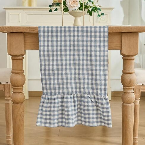 Taupe Gingham Plaid Ruffle Table Runner 90 Inches Long, 100% Washed Cotton Double Layer Farmhouse Dining Decor for Holiday, Home Party Wedding, 13 x 90 inches in Kuwait