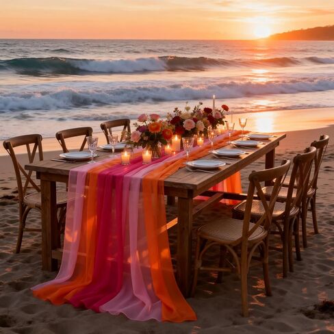 6 Pcs Sunset Party Decorations Table Runner 10Ft Pink and Orange Rustic Sheer Chiffon Fabric Table Cloth for Wedding Bridal Baby Shower Graduation Decorations in Kuwait