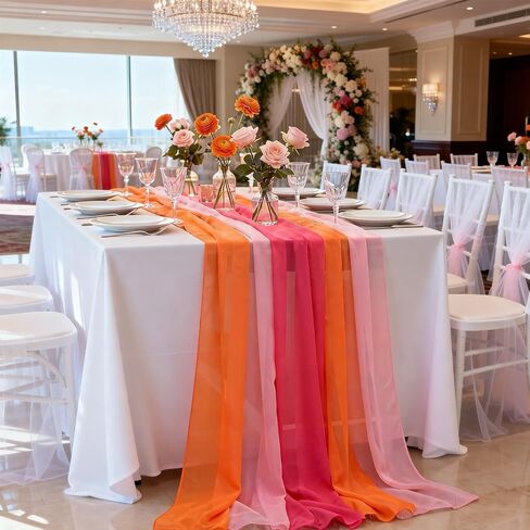 6 Pcs Sunset Party Decorations Table Runner 10Ft Pink and Orange Rustic Sheer Chiffon Fabric Table Cloth for Wedding Bridal Baby Shower Graduation Decorations in Kuwait