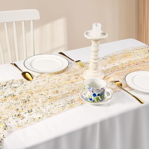 10 Packs Gold Table Runner - Glitter Metallic Foil Sheer Gauze 120 Inch 10FT, Wedding Party Home Decor for Dining Table, Anniversary, Birthday, Holiday Decorations in Kuwait