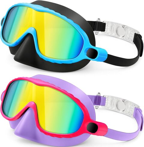 XDX Kids Swim Goggles with Nose Cover, 2 Pack Wide View Diving Mask Anti-Fog UV No Leak Swimming Goggles for Kids 3-14 in Kuwait