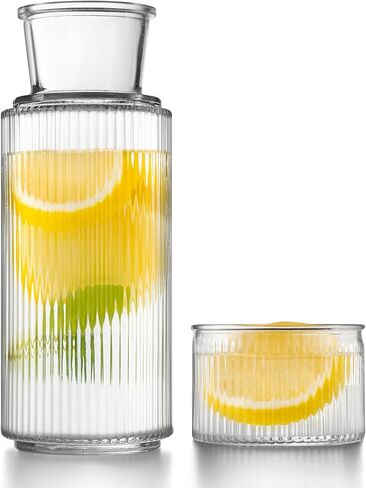Bedside Water Carafe and Glass Set, Classic Vertical-Striped 27oz Glass Carafe with 7.1oz Tumbler Lid, Nightstand Water Pitcher, Bathroom Mouthwash Dispenser, Elegant Gift for Home & Office in Kuwait