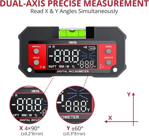 BINTA Digital Angle Finder Dual Axis Level Box 4×90° X-axis ±60° Y-axis قاعدة مغناطيسية قوية شاشة LED نوع C مقياس ميل قابل لإعادة الشحن مع عقد بيانات لبناء الأعمال الخشبية منشار طاولة DIY in Kuwait