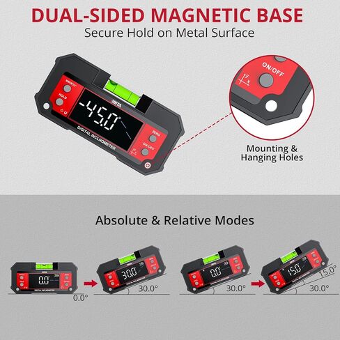 BINTA Digital Angle Finder Dual Axis Level Box 4×90° X-axis ±60° Y-axis قاعدة مغناطيسية قوية شاشة LED نوع C مقياس ميل قابل لإعادة الشحن مع عقد بيانات لبناء الأعمال الخشبية منشار طاولة DIY in Kuwait
