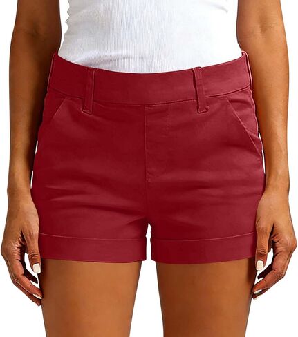 Womens Summer High Waisted Cuffed Shorts Elastic Waistband Slim Hiking Shorts with Pockets in Kuwait