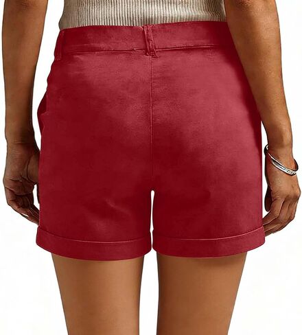 Womens Summer High Waisted Cuffed Shorts Elastic Waistband Slim Hiking Shorts with Pockets in Kuwait