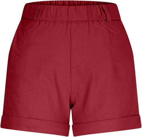 Womens Summer High Waisted Cuffed Shorts Elastic Waistband Slim Hiking Shorts with Pockets in Kuwait