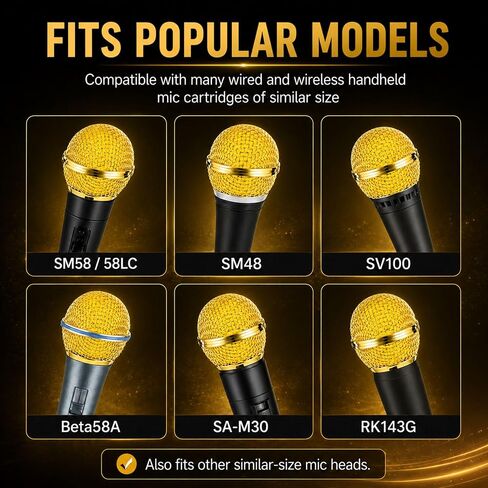 كرات شبكة ميكروفون ذهبية لميكروفونات Shure SM58 Style، 4 عبوات | غطاء ميكروفون ذهبي مع حشوات إسفنجية، مناسب للميكروفونات المحمولة السلكية واللاسلكية طراز SM58 Beta58 على المسرح أو الكاريوكي أو الأحداث in Kuwait