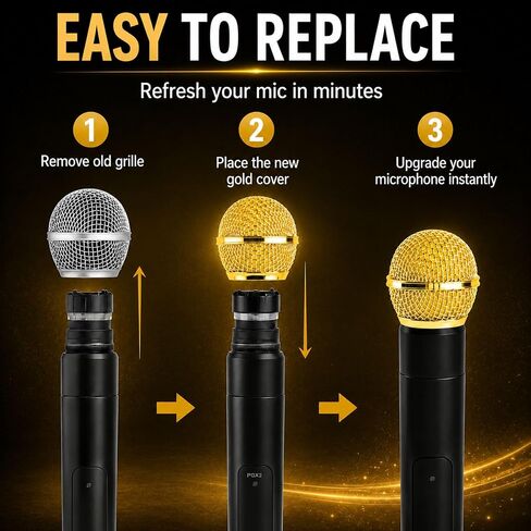 كرات شبكة ميكروفون ذهبية لميكروفونات Shure SM58 Style، 4 عبوات | غطاء ميكروفون ذهبي مع حشوات إسفنجية، مناسب للميكروفونات المحمولة السلكية واللاسلكية طراز SM58 Beta58 على المسرح أو الكاريوكي أو الأحداث in Kuwait