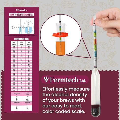 مجموعة أدوات قياس السوائل الزجاجية الثلاثية من Fermtech - مقياس السوائل الزجاجي والبرطمان، والفرشاة، والتعليمات، وحقيبة تخزين صلبة وقماش من الألياف الدقيقة. اختبار ABV، بركس، الجاذبية للنبيذ والبيرة والميد والكومبوتش. in Kuwait