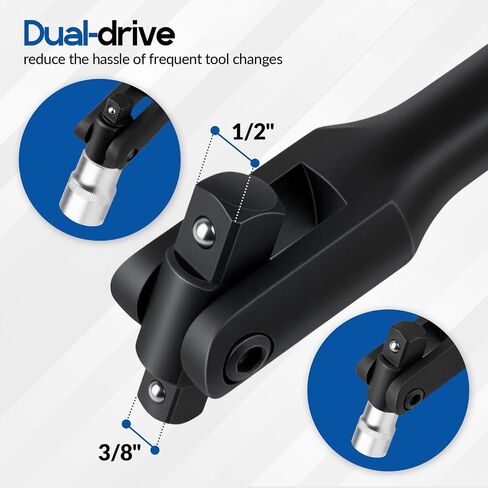 16-Inch Dual Drive Breaker Bar, 3/8" and 1/2" Drive, 360° Rotatable Head with Spring-Loaded Detent Ball in Kuwait