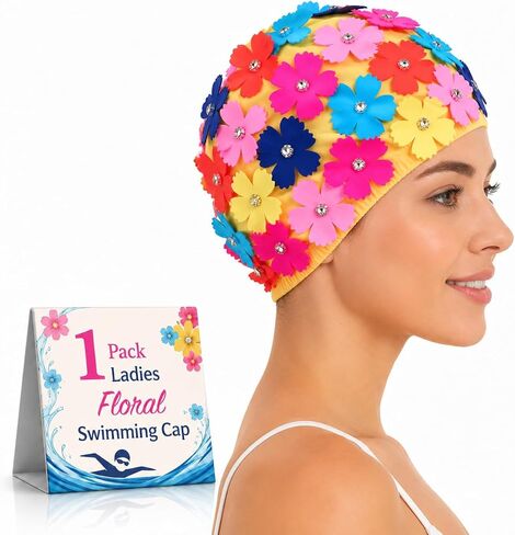 NUOBESTY Ladies Floral Swimming Cap, Flower Petal Swim Hat for Women Colorful Retro Bathing Hat Synthetic Material Hair Cover for Beach, Pool, Vacation, and Water Aerobics, 8.25 x 6.29 in in Kuwait