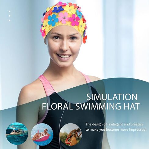 NUOBESTY Ladies Floral Swimming Cap, Flower Petal Swim Hat for Women Colorful Retro Bathing Hat Synthetic Material Hair Cover for Beach, Pool, Vacation, and Water Aerobics, 8.25 x 6.29 in in Kuwait