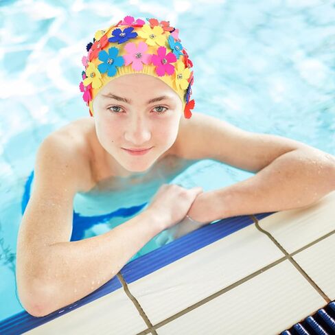 NUOBESTY Ladies Floral Swimming Cap, Flower Petal Swim Hat for Women Colorful Retro Bathing Hat Synthetic Material Hair Cover for Beach, Pool, Vacation, and Water Aerobics, 8.25 x 6.29 in in Kuwait