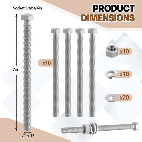 Hicarer 10 Sets 1/2"-13 x 7 Hot Dipped Galvanized Hex Bolt Kit, 4.8 Grade Corrosion Resistant, Full Thread, with 20 Flat Washers 10 Nuts 10 Split Lock Washers, for Exterior Outdoor Construction Use in Kuwait