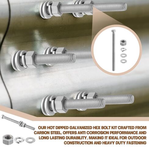 Hicarer 10 Sets 1/2"-13 x 7 Hot Dipped Galvanized Hex Bolt Kit, 4.8 Grade Corrosion Resistant, Full Thread, with 20 Flat Washers 10 Nuts 10 Split Lock Washers, for Exterior Outdoor Construction Use in Kuwait