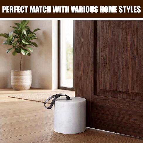Junkin Marble Decorative Door Stop with Leather Handle, 3.54" Solid Marble Heavy Duty Door Stoppers with Non-Slip Felt Base, Natural Stone Weighted Bookend for Bedroom, Bathroom, Office Home Decor in Kuwait