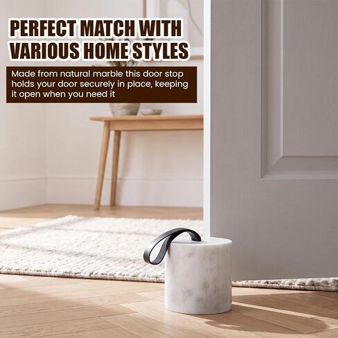 Junkin Marble Decorative Door Stop with Leather Handle, 3.54" Solid Marble Heavy Duty Door Stoppers with Non-Slip Felt Base, Natural Stone Weighted Bookend for Bedroom, Bathroom, Office Home Decor in Kuwait