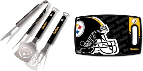 YouTheFan NFL Pittsburgh Steelers Spirit Series 3-Piece BBQ Set, Stainless Steel, 22" x 9" & NFL Pittsburgh Steelers Logo Series Cutting Board in Kuwait