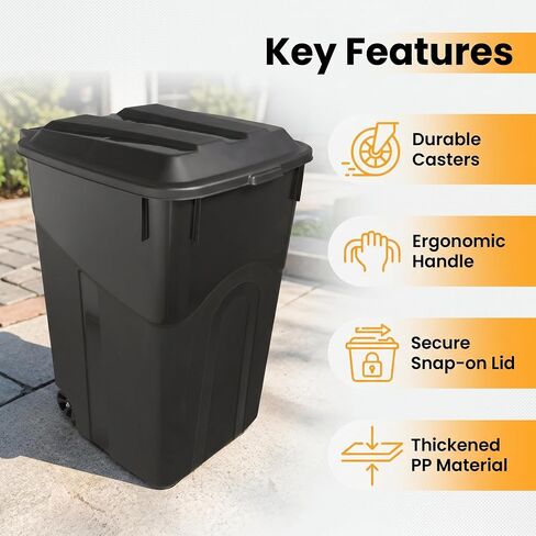 45 Gallon Wheeled Heavy Duty Plastic Garbage Can with Attached Lid, Durable Outdoor Trash Can with Wheels, Large Rolling Waste Bin for Yard, Garage, Patio, Home & Commercial Use, Black in Kuwait