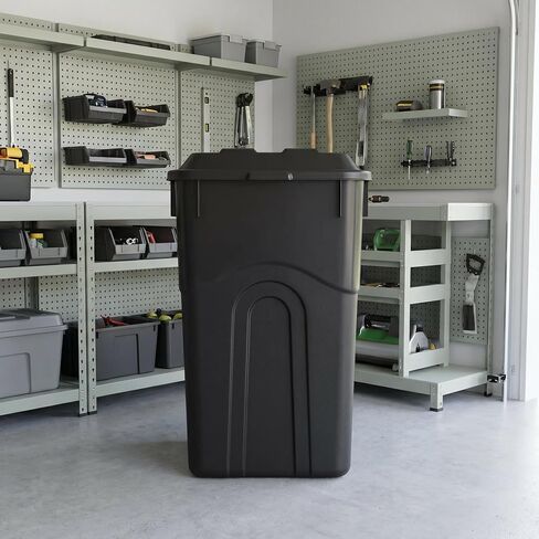 45 Gallon Wheeled Heavy Duty Plastic Garbage Can with Attached Lid, Durable Outdoor Trash Can with Wheels, Large Rolling Waste Bin for Yard, Garage, Patio, Home & Commercial Use, Black in Kuwait