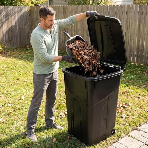 45 Gallon Wheeled Heavy Duty Plastic Garbage Can with Attached Lid, Durable Outdoor Trash Can with Wheels, Large Rolling Waste Bin for Yard, Garage, Patio, Home & Commercial Use, Black in Kuwait