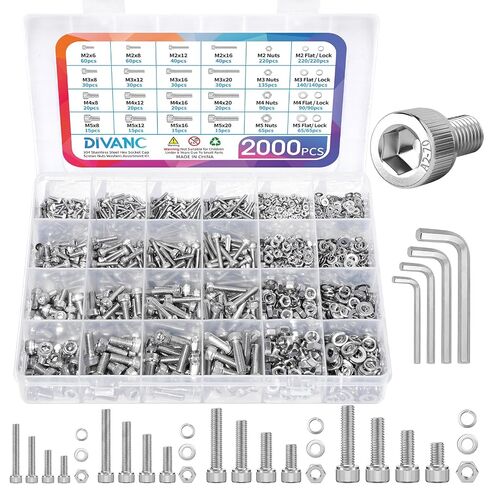 تشكيلة براغي مترية، مجموعة متنوعة من البراغي المترية 2000 قطعة M2 M3 M4 M5 مع قفل وغسالات مسطحة، 304 براغي سداسية من الفولاذ المقاوم للصدأ ومجموعة مسامير وصواميل (فضية) in Kuwait