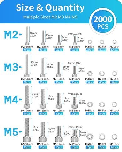 تشكيلة براغي مترية، مجموعة متنوعة من البراغي المترية 2000 قطعة M2 M3 M4 M5 مع قفل وغسالات مسطحة، 304 براغي سداسية من الفولاذ المقاوم للصدأ ومجموعة مسامير وصواميل (فضية) in Kuwait