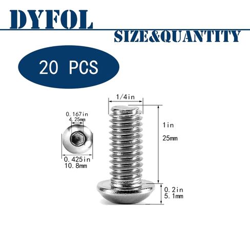 20 قطعة 1/4"-20x1 براغي براغي برأس مقبس الرأس، 304 من الفولاذ المقاوم للصدأ 18-8، محرك ألين سداسي، لمسة نهائية لامعة، ملولبة بالكامل بواسطة DYFOL (1/4-20x1 بوصة 20 قطعة) in Kuwait