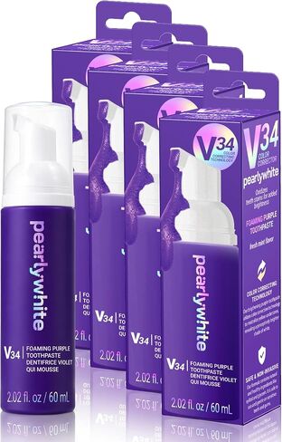 Pearly White V34 Foaming Toothpaste, 60 ML | Purple Teeth Whitening Toothpaste, Enamel-Safe Pearl White Foam for Stain Removal, For Daily Oral Care Routine, Soft Clean in Kuwait