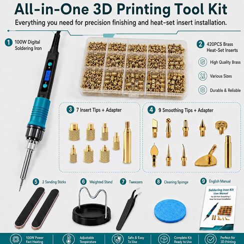 3D Printing Tools Kit with 100W Digital Soldering Iron, 420Pcs Brass Heat Set Inserts M2-M8, 3D Print Smoothing Tool Tips, Threaded Inserts for Plastic, Plastic Welding & Finishing Kit in Saudi Arabia