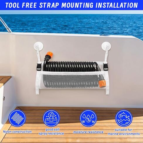 Boat Washdown Hose Hammock, Boat Hose Storage Holder, No-Drill Coiled Hose Mount with Suction Cups and Adjustable Straps for Boats, Docks and RVs (1, white) in Kuwait