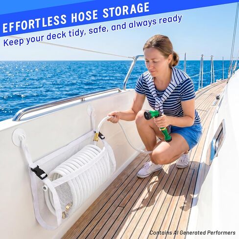 Boat Washdown Hose Hammock, Boat Hose Storage Holder, No-Drill Coiled Hose Mount with Suction Cups and Adjustable Straps for Boats, Docks and RVs (1, white) in Kuwait