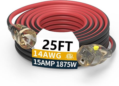 25ft 14/3 Medium Duty LED Lighted Locking Plug Outdoor Extension Cord ETL | pure copper SJEOW waterproof -58°F to 221°F, 15A 1875W, lawn care, woodworking, generator, garage, outdoor use in Saudi Arabia