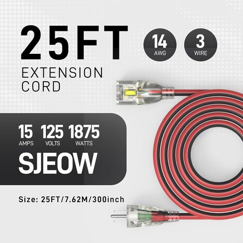 25ft 14/3 Medium Duty LED Lighted Locking Plug Outdoor Extension Cord ETL | pure copper SJEOW waterproof -58°F to 221°F, 15A 1875W, lawn care, woodworking, generator, garage, outdoor use in Saudi Arabia