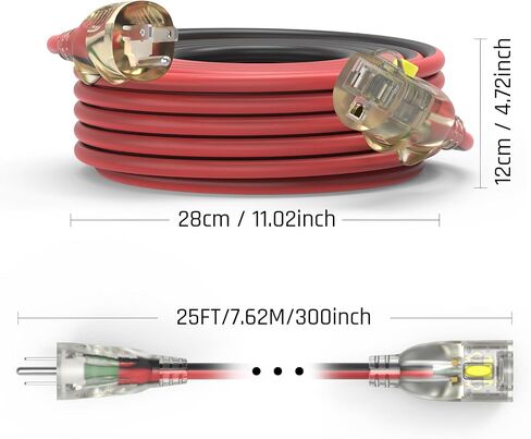 25ft 14/3 Medium Duty LED Lighted Locking Plug Outdoor Extension Cord ETL | pure copper SJEOW waterproof -58°F to 221°F, 15A 1875W, lawn care, woodworking, generator, garage, outdoor use in Saudi Arabia