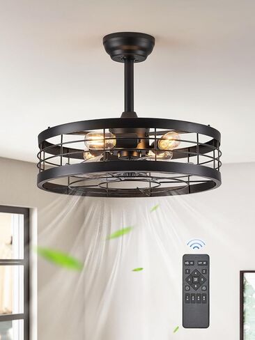 LEDIARY 22 Inch Caged Ceiling Fan with Light, Fandelier Farmhouse Ceiling Fan with Remote, Small Bladeless Fan Lights Ceiling Fixtures for Kitchen, Bedroom, Outdoor-Black and Gold in Kuwait