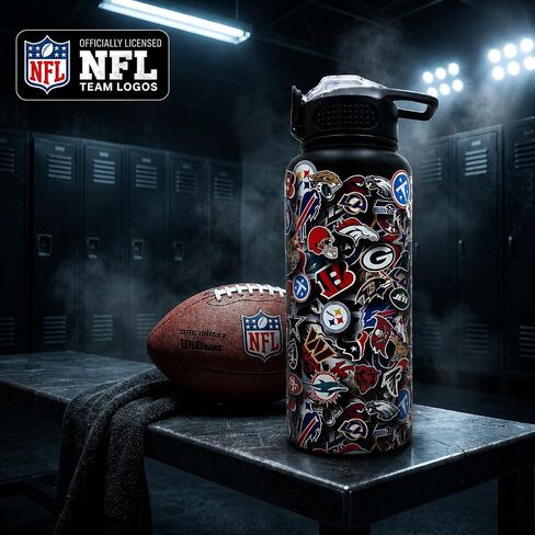 زجاجة مياه من الفولاذ المقاوم للصدأ بوزن 32 أونصة من NFL ProPress Blackout All Over Team Mashup، اضغط على الغطاء العلوي in Kuwait