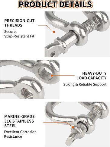OULEME 1/4" 5/16" 3/8" 1/2" تكبل مقوس، تكبل على شكل حرف D من الفولاذ المقاوم للصدأ من الدرجة البحرية 316، تكبل مرساة شديد التحمل للقوارب، المراكب الشراعية، السلسلة، الحزام والتزوير، 4 عبوات in Kuwait
