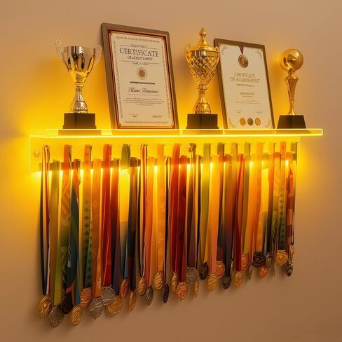 شاشة شماعة ميدالية LED مع رف الكأس، حامل شريط جائزة أكريليك شفاف مقاس 45.3 بوصة للجدار، حامل ميدالية مضاء بـ 7 ألوان، يحمل ما يصل إلى 33 ميدالية، هدايا للجمباز والعدائين والرياضيين in Kuwait