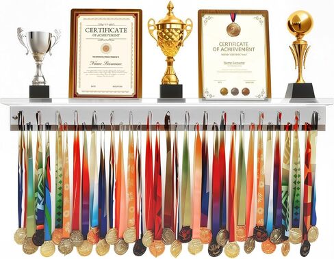 شاشة شماعة ميدالية LED مع رف الكأس، حامل شريط جائزة أكريليك شفاف مقاس 45.3 بوصة للجدار، حامل ميدالية مضاء بـ 7 ألوان، يحمل ما يصل إلى 33 ميدالية، هدايا للجمباز والعدائين والرياضيين in Kuwait