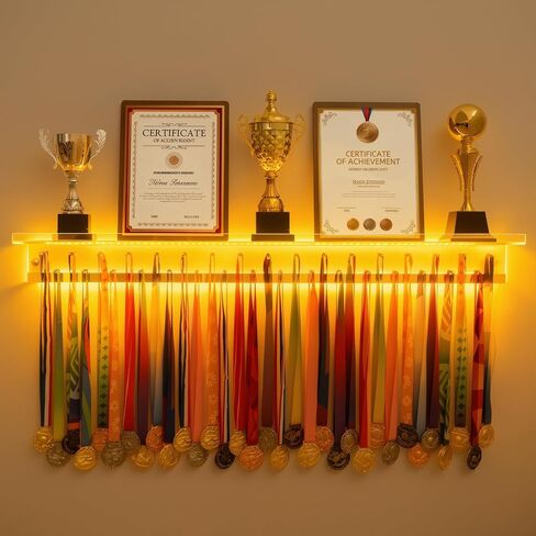 شاشة شماعة ميدالية LED مع رف الكأس، حامل شريط جائزة أكريليك شفاف مقاس 45.3 بوصة للجدار، حامل ميدالية مضاء بـ 7 ألوان، يحمل ما يصل إلى 33 ميدالية، هدايا للجمباز والعدائين والرياضيين in Kuwait