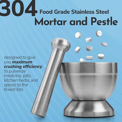 Pill Crusher - 304 Food Grade Stainless Steel Mortar and Pestle Medicine Grinder Set - Non-Slip Splitter to Easily Crush Medicine Pills Tablets Vitamins to Fine Powder for Adults, Seniors, Dogs, Pets in Kuwait