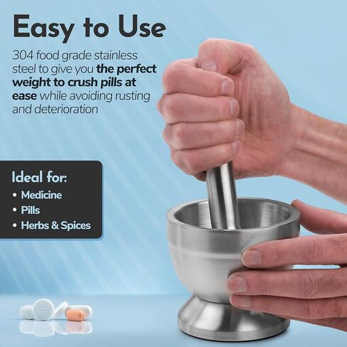 Pill Crusher - 304 Food Grade Stainless Steel Mortar and Pestle Medicine Grinder Set - Non-Slip Splitter to Easily Crush Medicine Pills Tablets Vitamins to Fine Powder for Adults, Seniors, Dogs, Pets in Kuwait