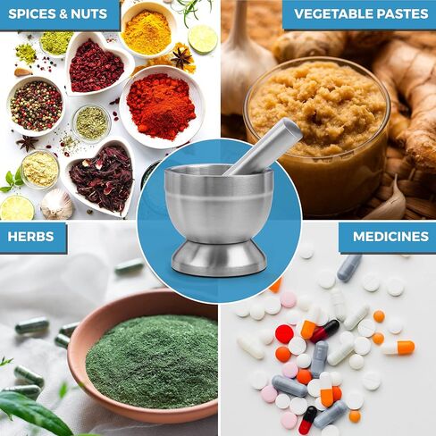 Pill Crusher - 304 Food Grade Stainless Steel Mortar and Pestle Medicine Grinder Set - Non-Slip Splitter to Easily Crush Medicine Pills Tablets Vitamins to Fine Powder for Adults, Seniors, Dogs, Pets in Kuwait