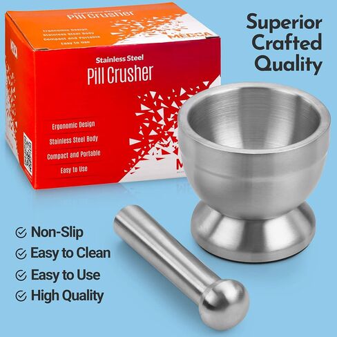 Pill Crusher - 304 Food Grade Stainless Steel Mortar and Pestle Medicine Grinder Set - Non-Slip Splitter to Easily Crush Medicine Pills Tablets Vitamins to Fine Powder for Adults, Seniors, Dogs, Pets in Kuwait